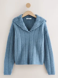Chambray Blue Ribbed Knit Jumper With Crochet Sailor Collar
