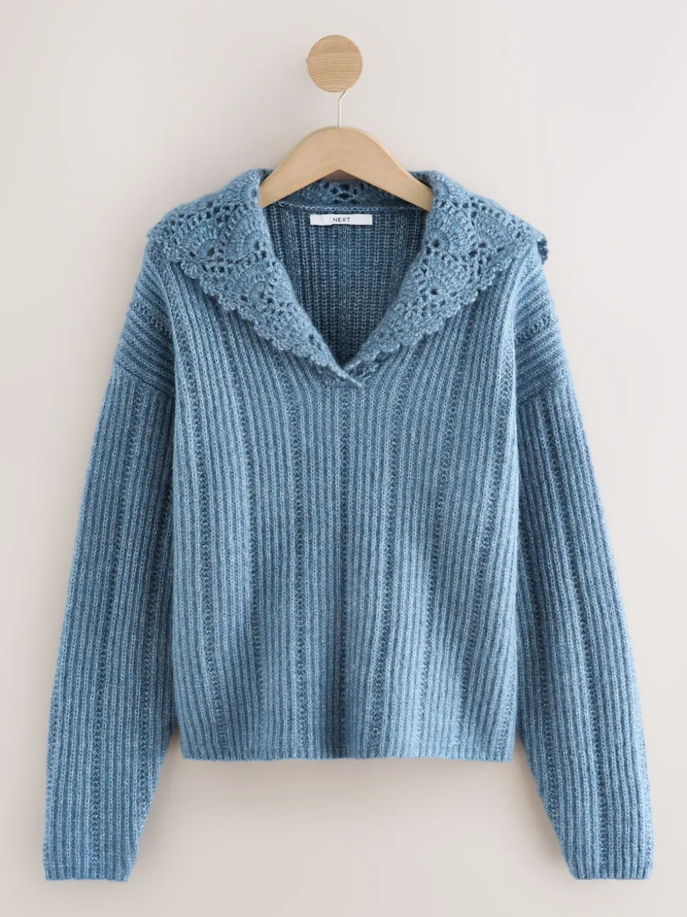 Chambray Blue Ribbed Knit Jumper With Crochet Sailor Collar