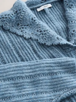 Chambray Blue Ribbed Knit Jumper With Crochet Sailor Collar