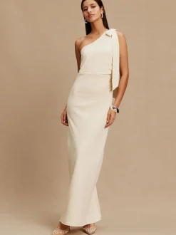 Champagne Bow One Shoulder Maxi Bridesmaid Dress