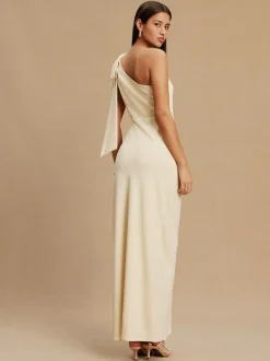 Champagne Bow One Shoulder Maxi Bridesmaid Dress