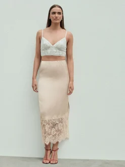 Champagne Gold Satin Midi Skirt With Lace Trim
