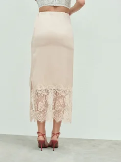 Champagne Gold Satin Midi Skirt With Lace Trim