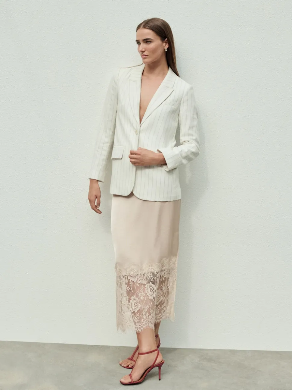 Champagne Gold Satin Midi Skirt With Lace Trim