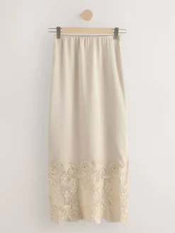 Champagne Gold Satin Midi Skirt With Lace Trim