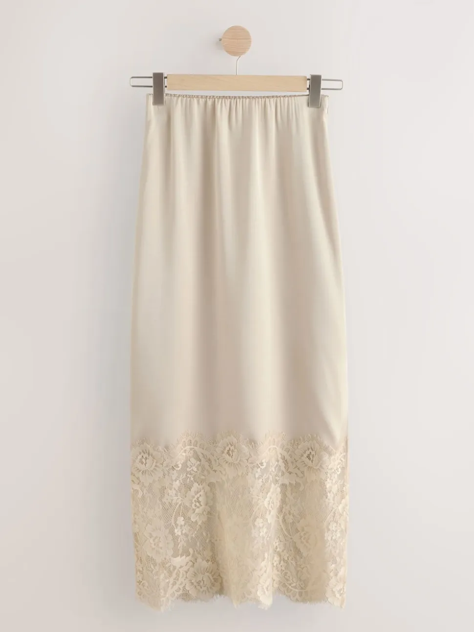Champagne Gold Satin Midi Skirt With Lace Trim