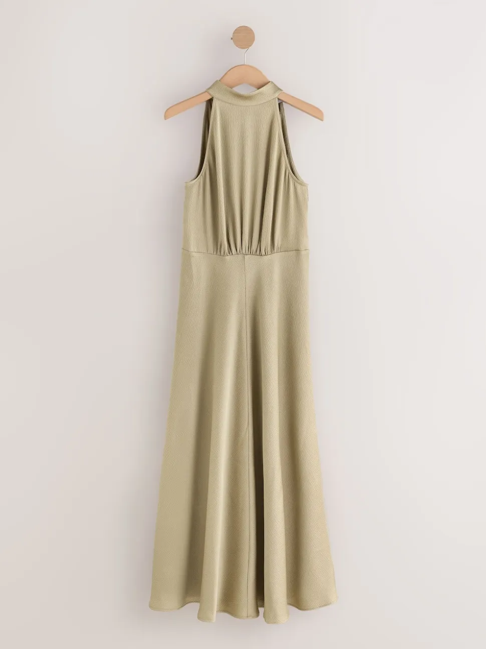 Champagne Gold Textured Satin Halter Sleeveless Midi Dress