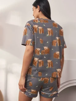 Charcoal Grey Hamish The Highland Cow 100% Cotton Short Set Pyjamas