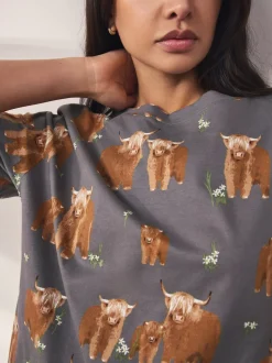 Charcoal Grey Hamish The Highland Cow 100% Cotton Short Set Pyjamas