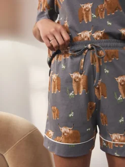 Charcoal Grey Hamish The Highland Cow 100% Cotton Short Set Pyjamas
