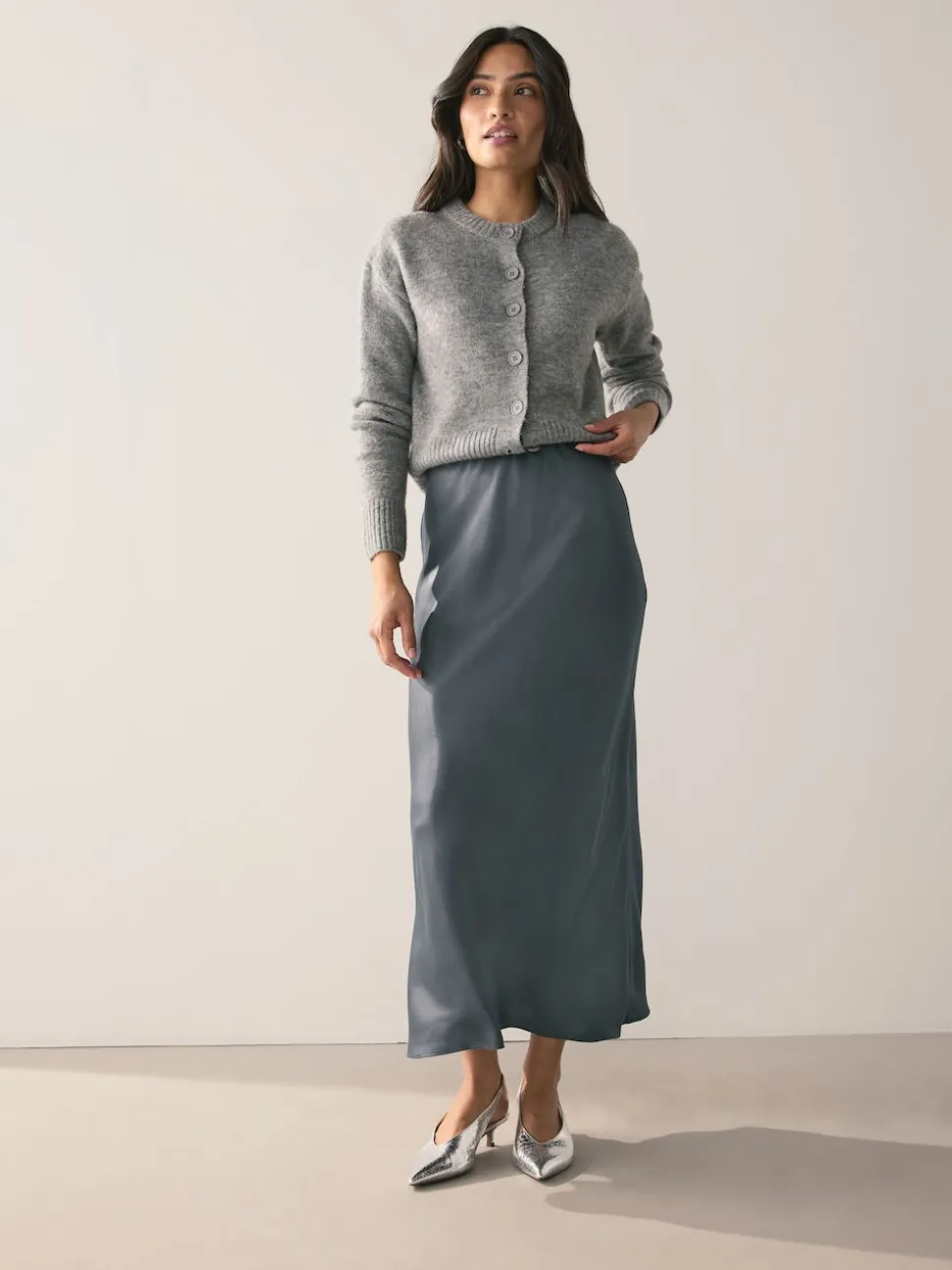 Charcoal Grey Satin Midi Skirt