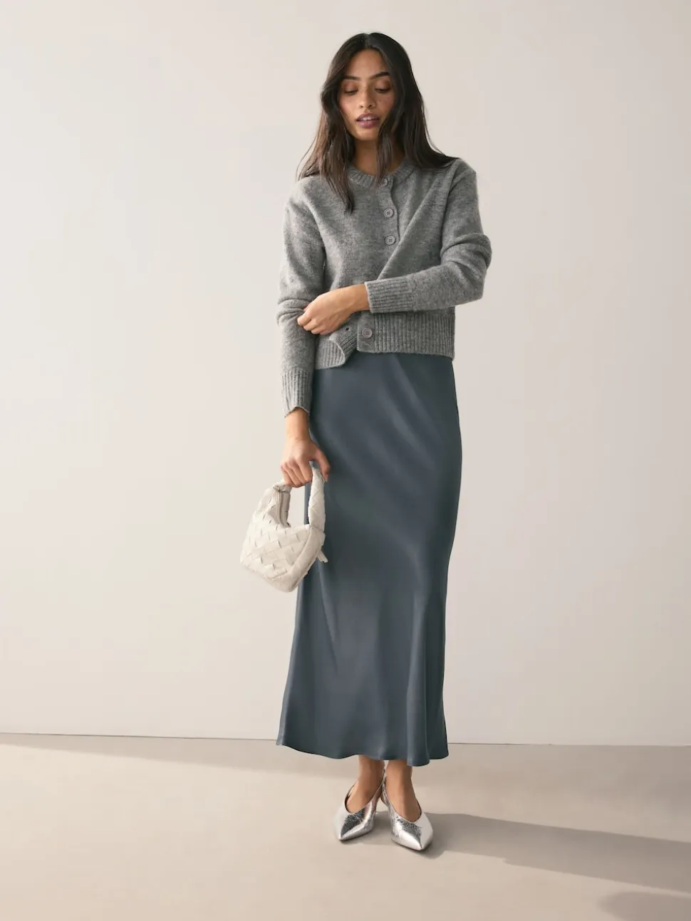 Charcoal Grey Satin Midi Skirt