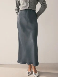 Charcoal Grey Satin Midi Skirt