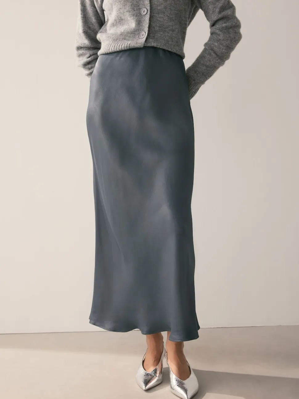 Charcoal Grey Satin Midi Skirt