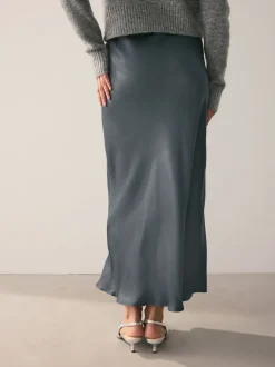 Charcoal Grey Satin Midi Skirt