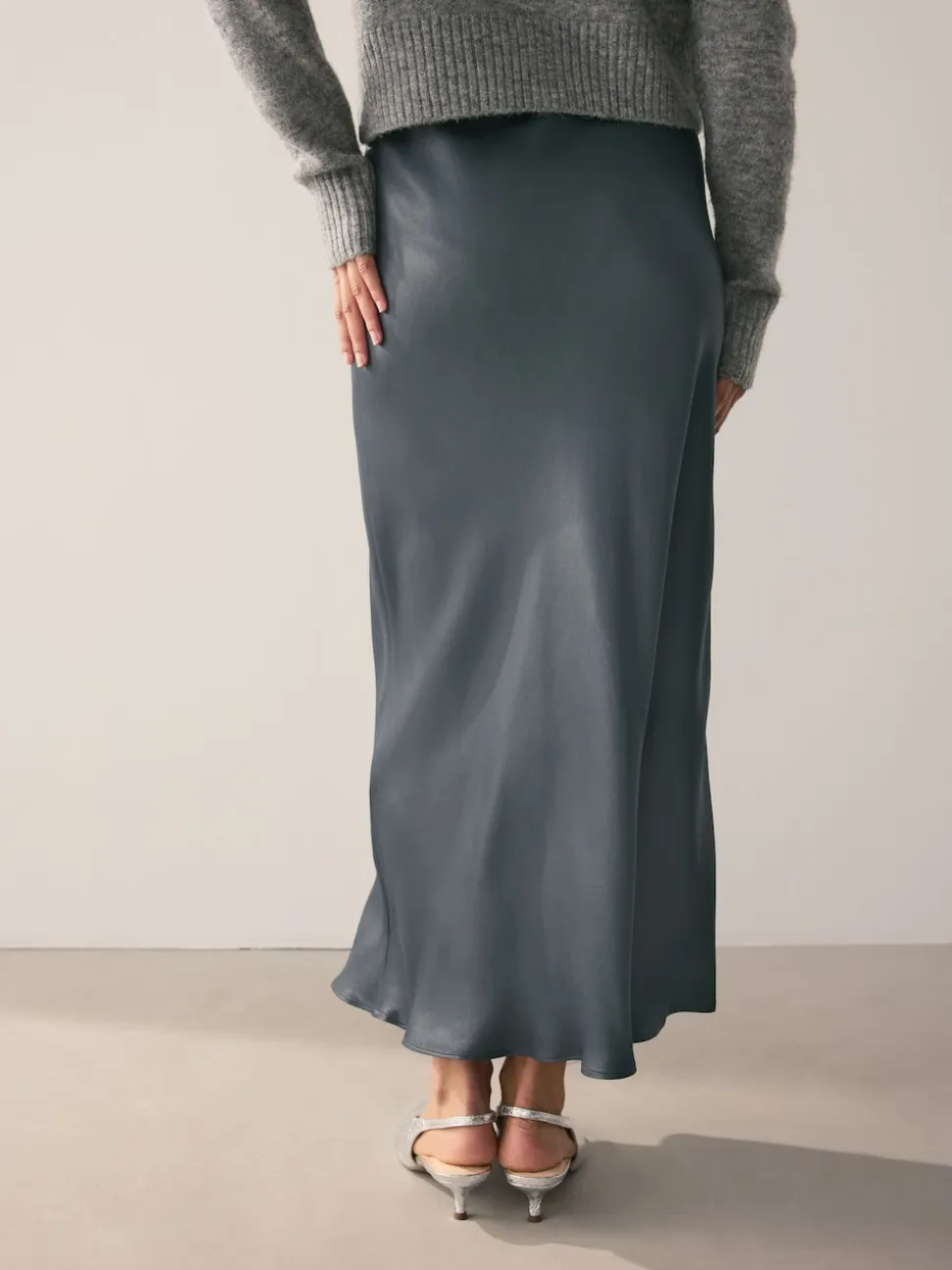 Charcoal Grey Satin Midi Skirt