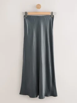 Charcoal Grey Satin Midi Skirt