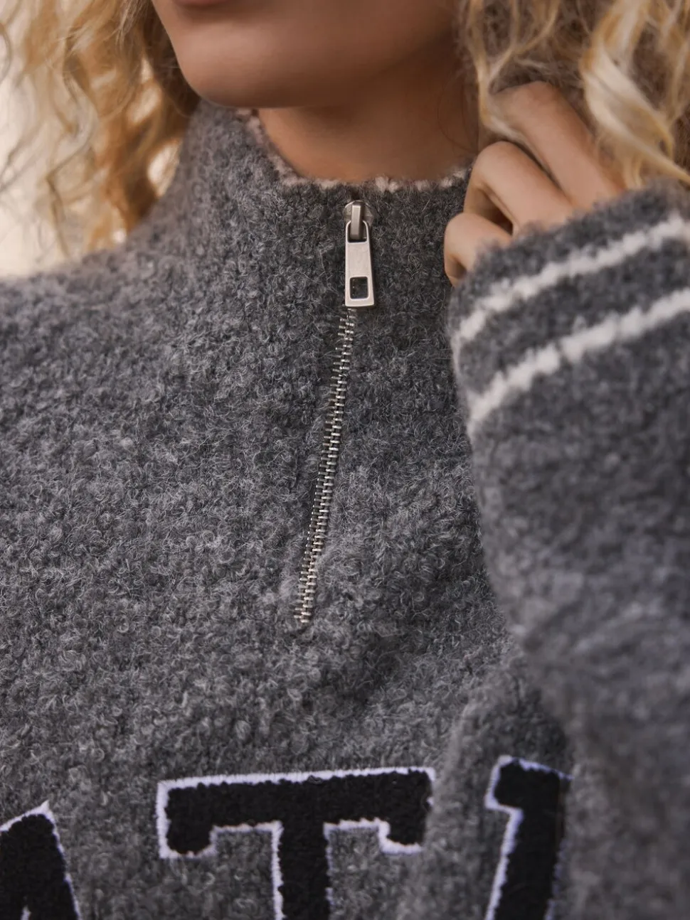 Charcoal Grey Sports Graphic Zip Neck Boucle Jumper
