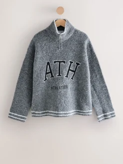 Charcoal Grey Sports Graphic Zip Neck Boucle Jumper