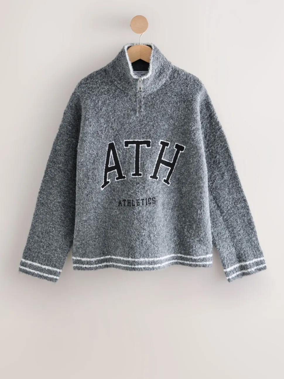 Charcoal Grey Sports Graphic Zip Neck Boucle Jumper