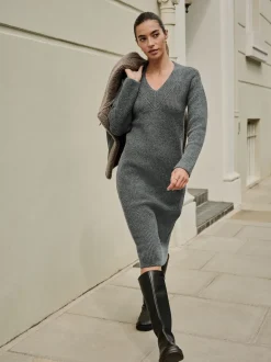 Charcoal Grey Super Soft V-Neck Midi Dress With Wool