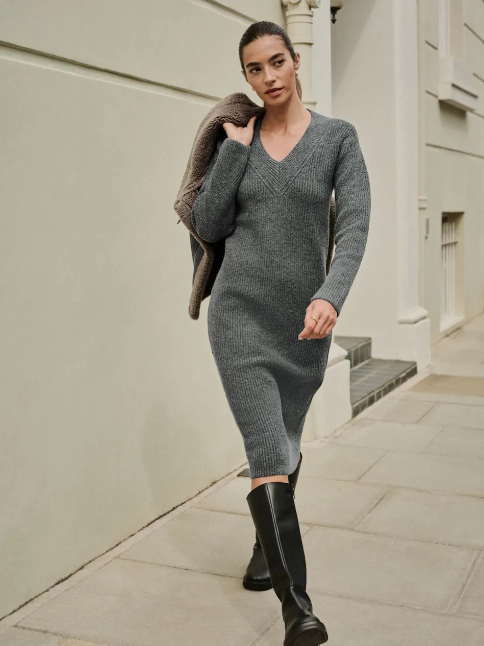 Charcoal Grey Super Soft V-Neck Midi Dress With Wool
