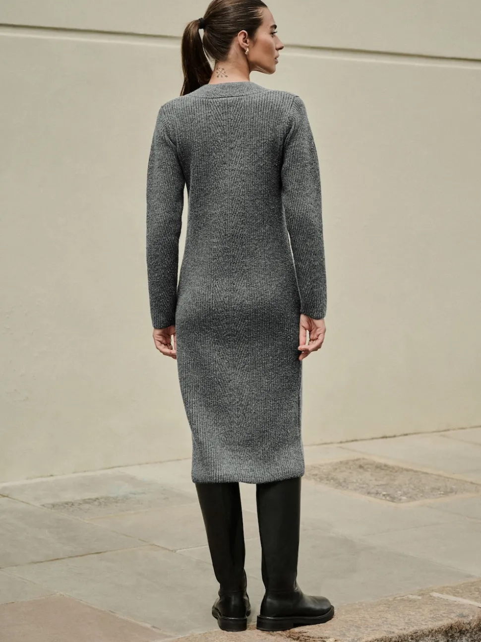 Charcoal Grey Super Soft V-Neck Midi Dress With Wool