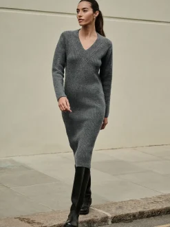 Charcoal Grey Super Soft V-Neck Midi Dress With Wool