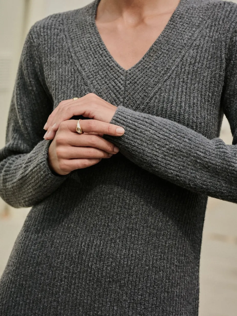 Charcoal Grey Super Soft V-Neck Midi Dress With Wool