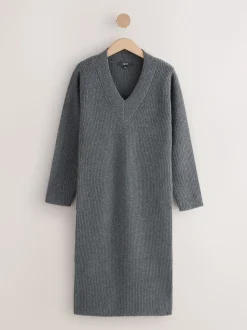 Charcoal Grey Super Soft V-Neck Midi Dress With Wool