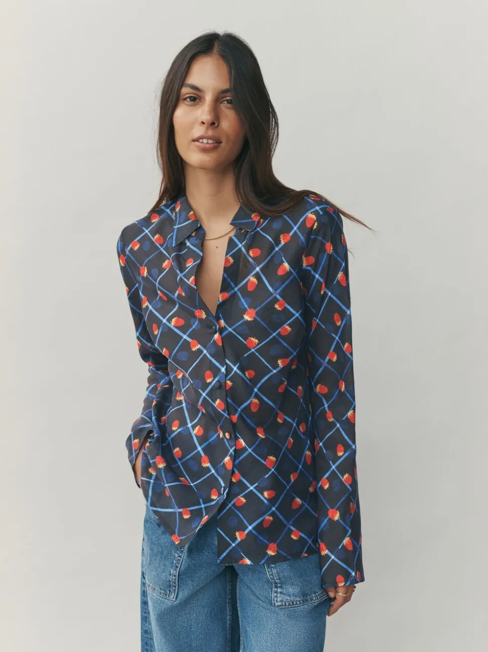 Checked Fruit Print Lyocell Blend Collared V-Neck Shirt