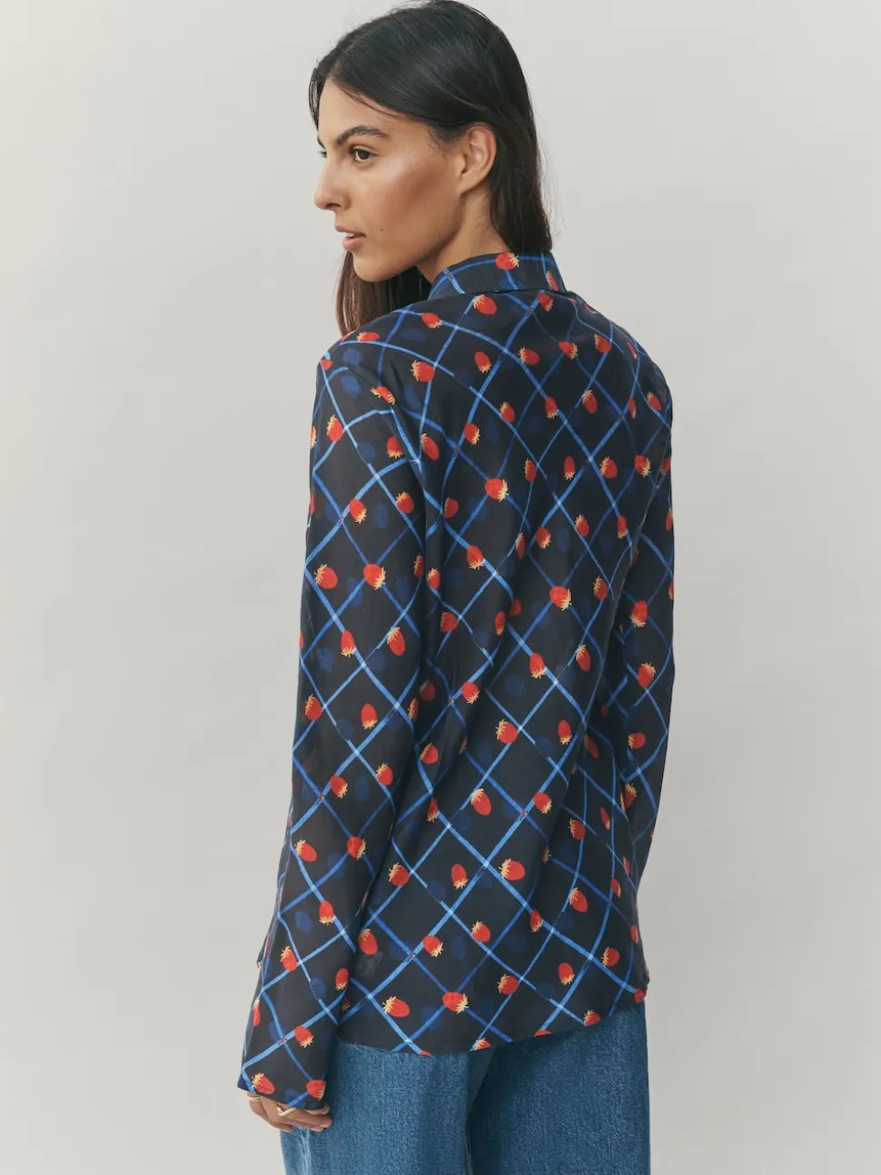 Checked Fruit Print Lyocell Blend Collared V-Neck Shirt