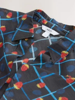 Checked Fruit Print Lyocell Blend Collared V-Neck Shirt