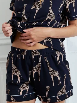 Chelsea Peers Blue Cotton Giraffe Print Short Pyjamas Set