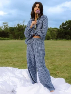 Chelsea Peers Blue Cotton Gingham Check Long Pyjamas & Scrunchie Set
