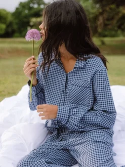 Chelsea Peers Blue Cotton Gingham Check Long Pyjamas & Scrunchie Set
