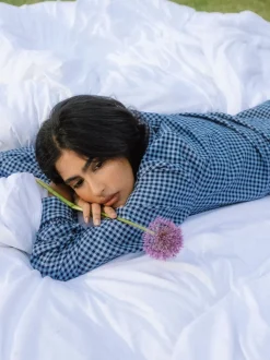 Chelsea Peers Blue Cotton Gingham Check Long Pyjamas & Scrunchie Set