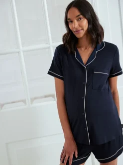 Chelsea Peers Blue Maternity TENCEL™ Modal Short Button Up Pyjamas Set