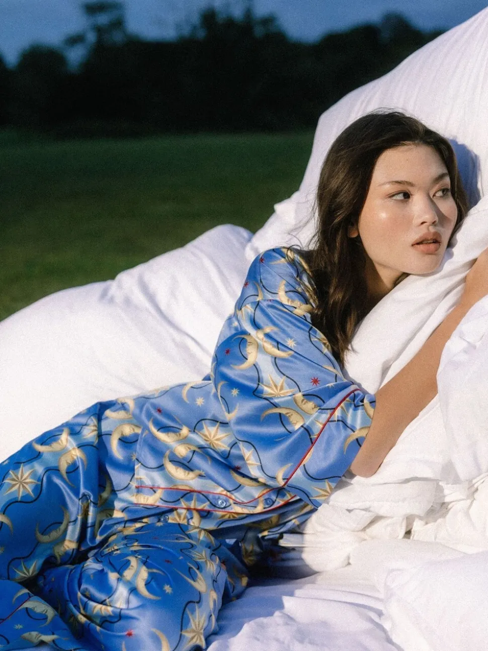 Chelsea Peers Blue Satin Tiled Moon Print Long Pyjamas Set