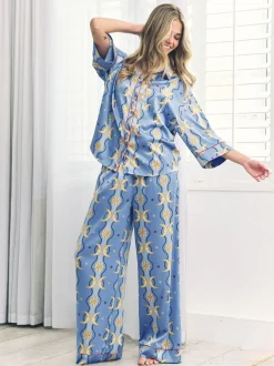 Chelsea Peers Blue Satin Tiled Moon Print Long Pyjamas Set