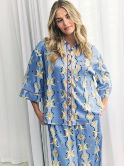 Chelsea Peers Blue Satin Tiled Moon Print Long Pyjamas Set