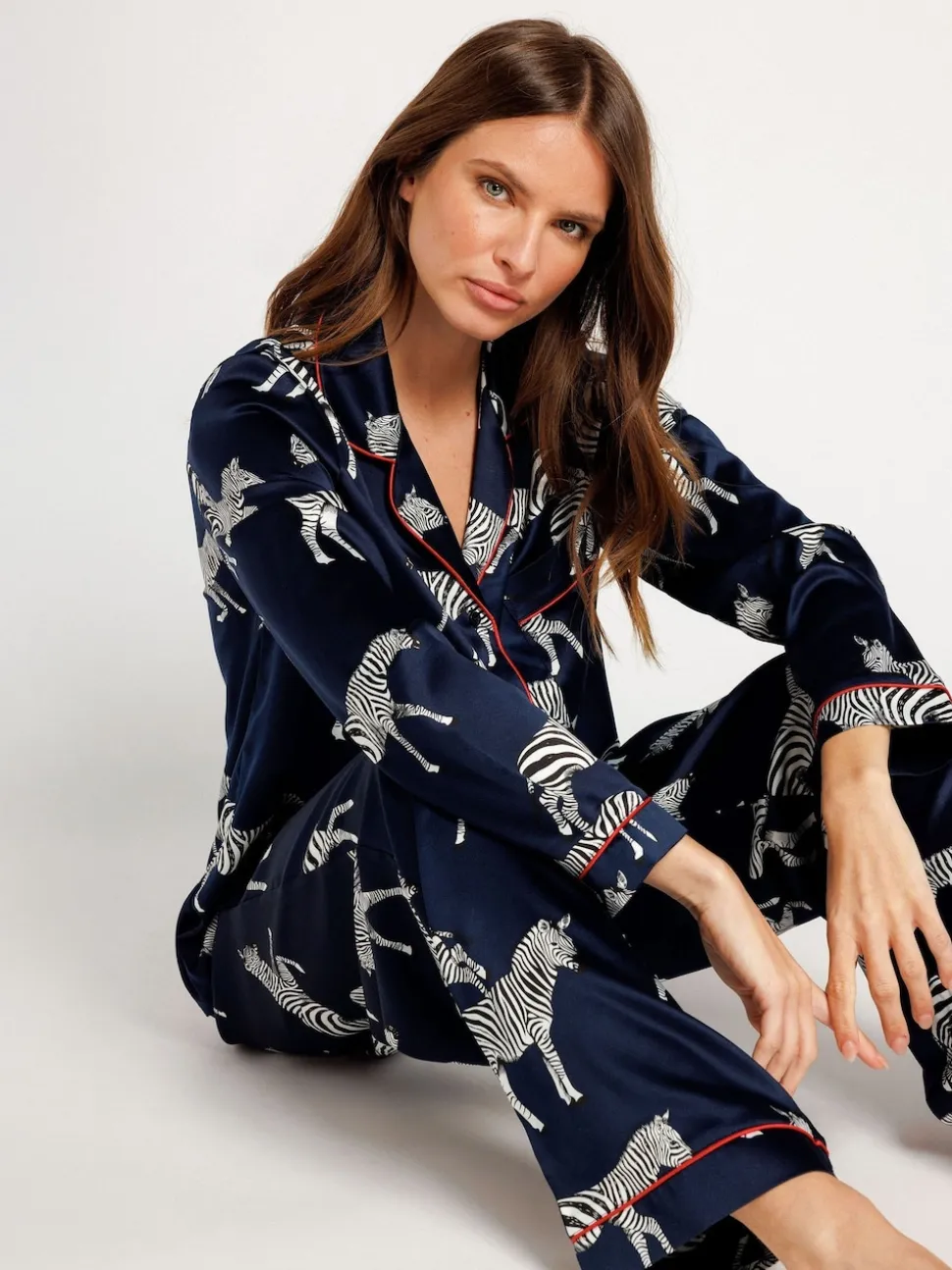 Chelsea Peers Blue Satin Zebra Print Long Pyjama Set