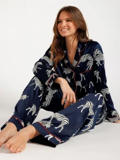 Chelsea Peers Blue Satin Zebra Print Long Pyjama Set