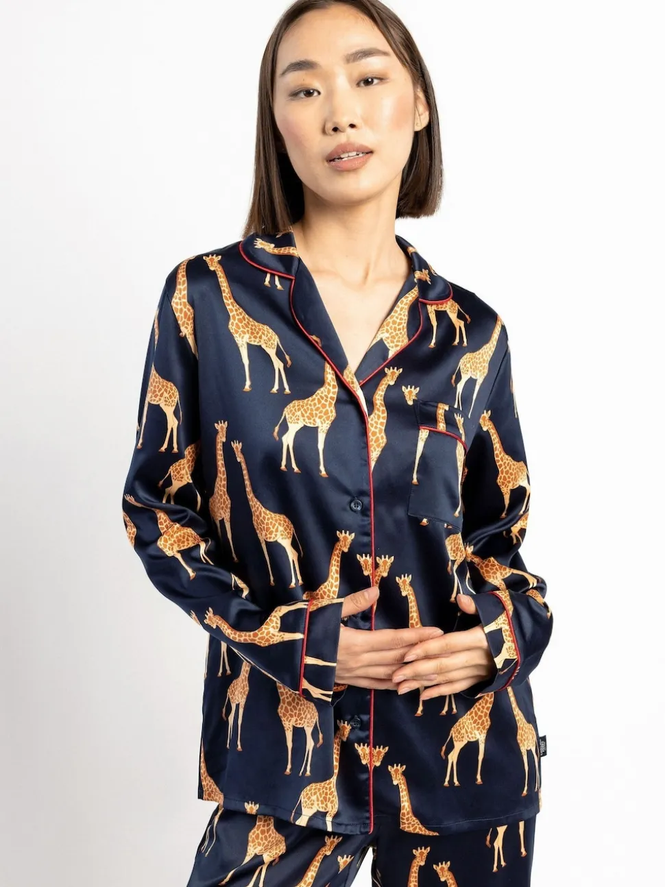 Chelsea Peers Blue Satin Giraffe Print Long Pyjama Set