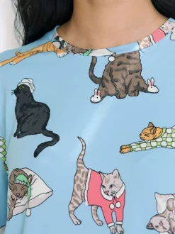 Chelsea Peers Blue Sleepy Cats Print Long Pyjama Set