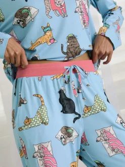 Chelsea Peers Blue Sleepy Cats Print Long Pyjama Set