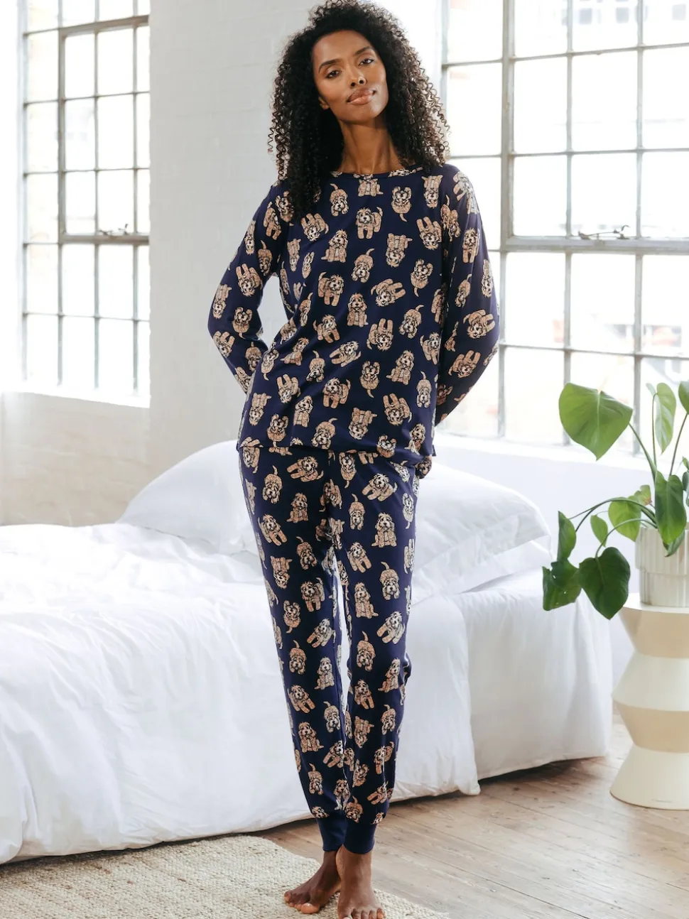 Chelsea Peers Blue Trouser Pyjamas Cockapoo Print Crewneck Long Pyjama Set