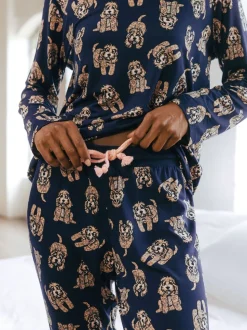 Chelsea Peers Blue Trouser Pyjamas Cockapoo Print Crewneck Long Pyjama Set