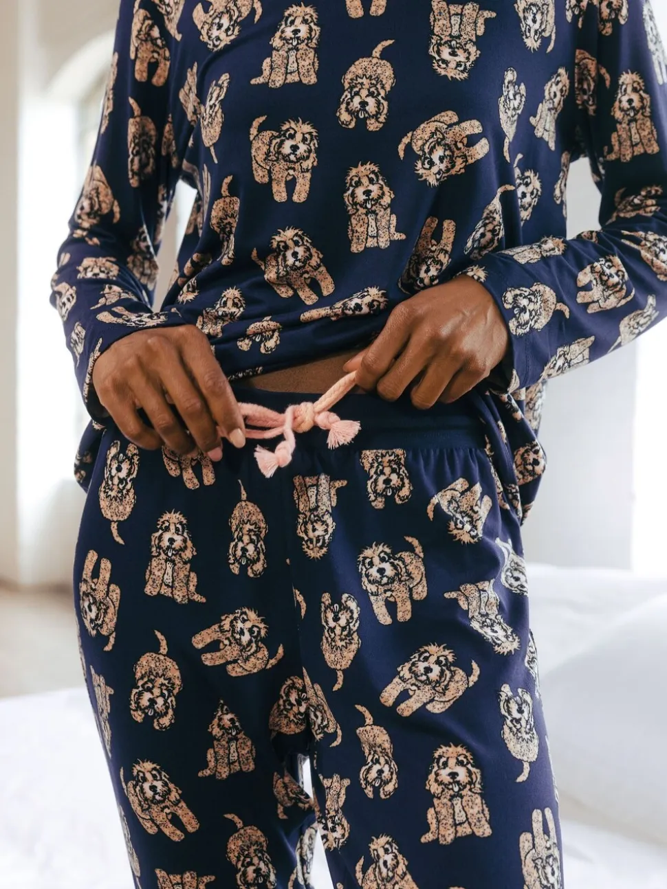 Chelsea Peers Blue Trouser Pyjamas Cockapoo Print Crewneck Long Pyjama Set