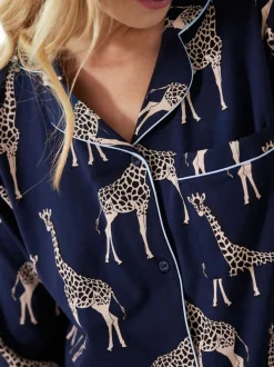 Chelsea Peers Celestial Blue Giraffe Button Up Long Pyjama Set